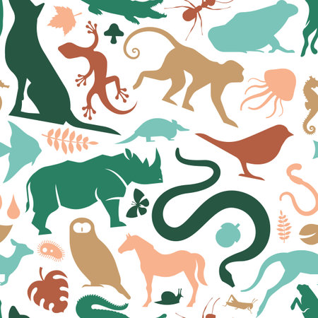 Diverse wild animal icon seamless pattern illustration. Colorful flat animals background for...