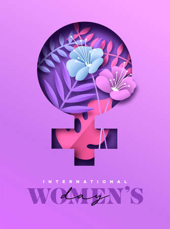 Happy Women Day greeting card illustration. 3D papercut woman symbol with beautiful tropical nature decoration and pink flowers. Paper craft design for international women's event.のイラスト素材