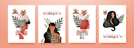 International Women's Day greeting card set, beautiful diverse woman characters with modern minimalist nature decoration and tropical flower for march 8 female rights campaign.のイラスト素材