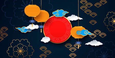 Blue paper cut chinese background template, traditional asian decoration in papercut style. Empty copy space circle frame with layered gold clouds, lanterns and flowers.のイラスト素材