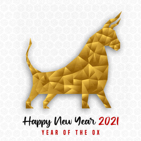 Chinese New Year of the ox 2021 greeting card. Gold low poly style zodiac animal with holiday paper background. Traditional festival event design, wishing prosperity and luck.のイラスト素材