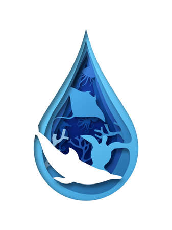 Blue underwater animals inside layered papercut water drop illustration. Wildlife conservation or coral reef protection concept includes dolphin, sea turtle and seahorse.のイラスト素材