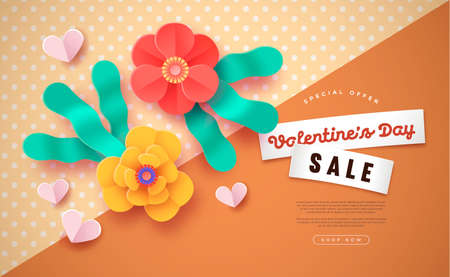 Valentine's Day sale template illustration. Special discount promotion, pink paper cut flower frame background with papercut floral decoration. February 14 holiday event or online shop offer design.のイラスト素材