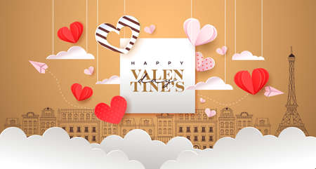 Happy Valentine's Day greeting card illustration. Pink paris city doodle background with realistic 3d papercut sky clouds, hearts and paper plane. Romantic february 14 event design.のイラスト素材