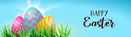 Easter holiday web banner illustration, colorful painted eggs hiding behind spring grass with happy celebration message.のイラスト素材