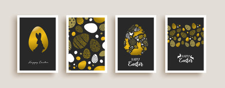 Happy easter greeting card illustration set. Luxury gold glitter decoration with rabbit, eggs and spring flowers. Elegant black holiday event invitation collection.のイラスト素材