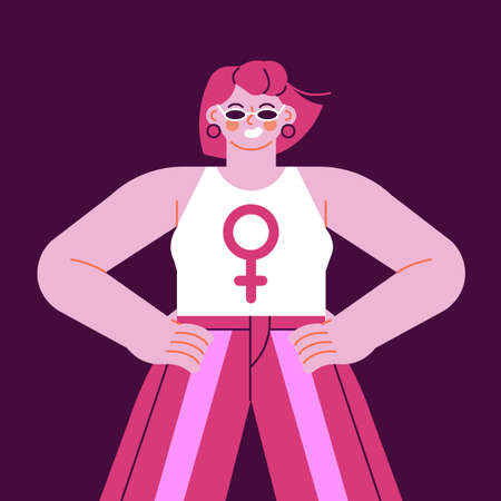 Happy young woman dressed in pink female symbol for women rights or equality concept. Modern flat cartoon character on isolated background.のイラスト素材