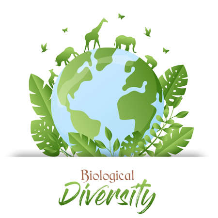 Biological Diversity illustration of green planet earth with wild animals walking and trees. Nature care awareness concept. Includes giraffe, elephant, rhino animal.のイラスト素材