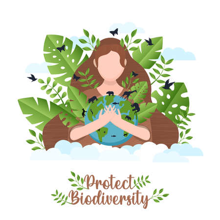 Protect diversity illustration of woman character hugging planet earth with wild animals and green plant leaf. Global nature care or eco friendly campaign concept.のイラスト素材