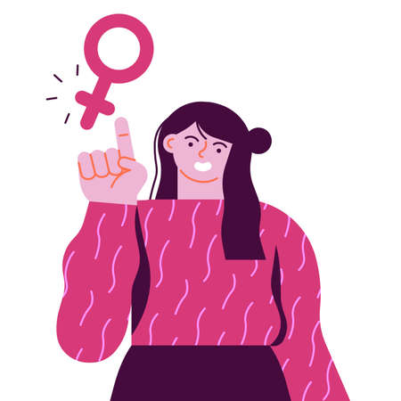 Happy young woman dressed in pink with female symbol for women rights or equality concept. Modern flat cartoon character on isolated background.のイラスト素材
