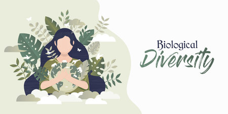 Biological Diversity greeting card banner illustration of mother nature woman hugging planet earth...