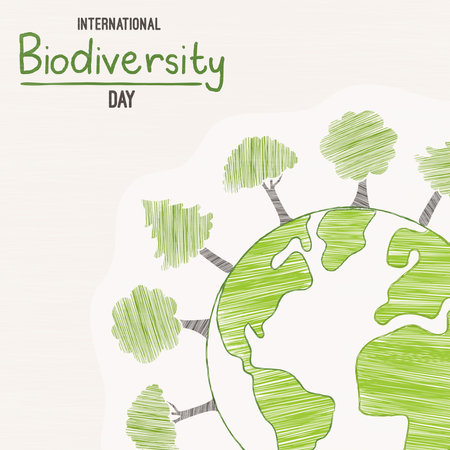 International biodiversity day greeting card illustration of green planet earth with hand drawn tree doodles. Nature care awareness event on may 22.のイラスト素材