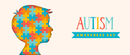 Autism awareness day web banner illustration of paper cut boy silhouette with colorful puzzle pieces game inside. Different kid concept, psychology support or education design for April 2 event.のイラスト素材