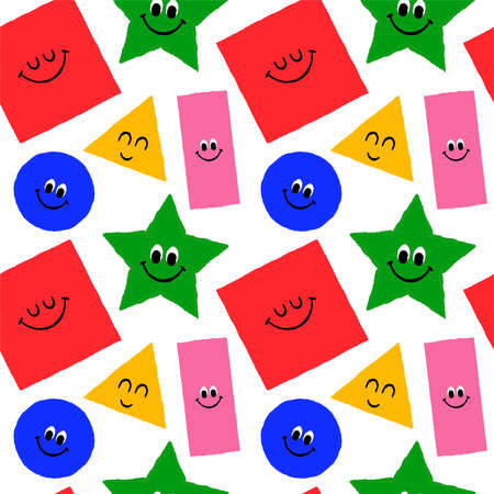 Colorful funny geometric shape character seamless pattern in retro hand drawn cartoon style. Basic shapes background for children education with fun faces. Includes star, circle triangle and square.のイラスト素材