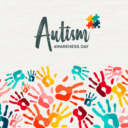 Autism Awareness Day greeting card illustration of colorful diverse children hand print together. Autistic children learning ability support concept, kid friend group design.のイラスト素材