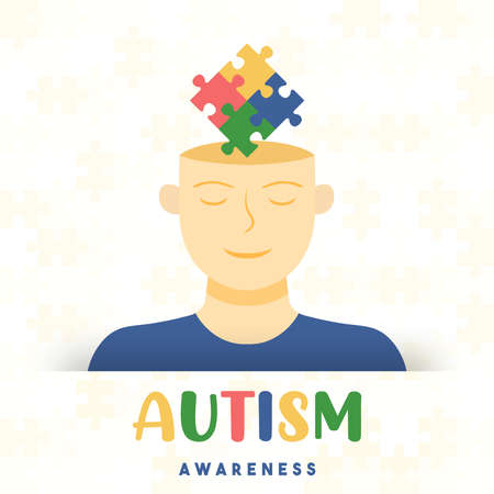 Autism awareness day greeting card illustration of child head with colorful puzzle piece inside. Different kid concept, psychology support or education design for April 2 event.のイラスト素材