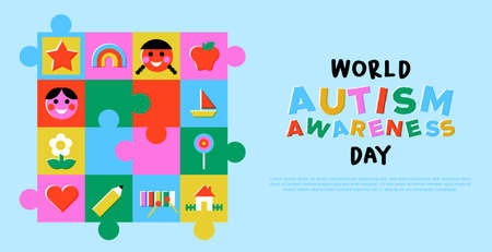 World autism awareness day web template illustration of colorful children toy puzzle mosaic in retro cartoon style. Autistic kid psychology support concept for April 2 event.のイラスト素材