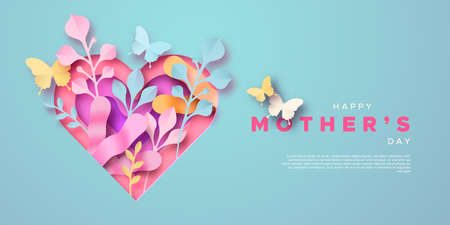 Happy Mother's Day greeting card template illustration in 3d papercut style. Pink paper craft heart, nature plant leaf and butterfly. Mom love holiday event design with copy space.のイラスト素材