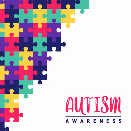 Autism awareness day greeting card illustration of colorful puzzle piece background. Kid education concept, different learning ability. Support event on April 2.のイラスト素材