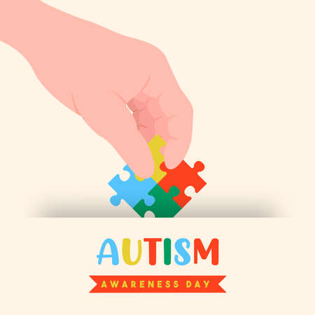Autism Awareness Day greeting card illustration of children hand with colorful puzzle piece. Kid education concept, child psychology design for April 2 event.のイラスト素材