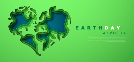 Earth Day web template illustration of green heart shape world planet map. Nature help concept for...