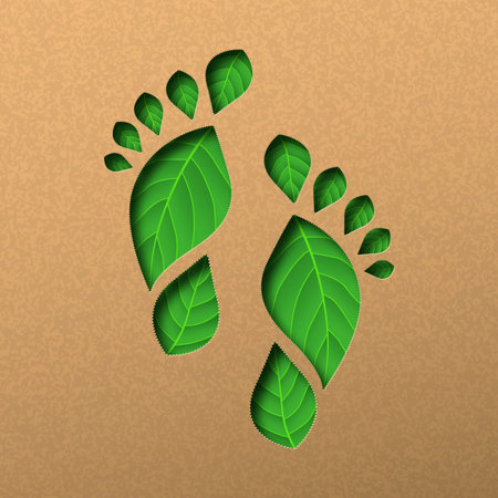 Green paper cut human foot print with plant leaf texture inside. Realistic 3d papercut illustration concept for nature care on recycled material background.のイラスト素材