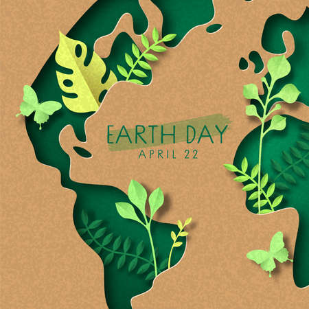 Earth Day greeting card illustration of green paper cut world planet map with plant leaf garden. Nature help concept for april 22 international holiday event.のイラスト素材