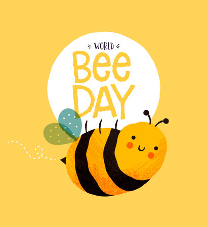 World Bee Day greeting card illustration of funny bumblebee cartoon character in hand drawn style. Eco friendly animal protection holiday event background.のイラスト素材