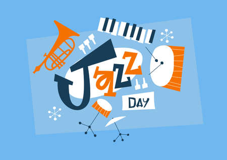 April 30 Jazz Day greeting card illustration of funny music band instruments. Includes trumpet, saxophone, piano and drum in retro mid century cartoon style.のイラスト素材