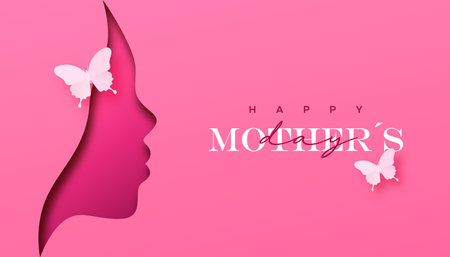 Happy Mother's Day greeting card illustration of 3D papercut woman face. Pink cutout with paper craft butterfly for mom love holiday gift.のイラスト素材