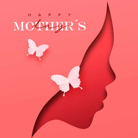 Happy Mother's Day greeting card illustration of 3D papercut female face. Pink cutout with paper craft butterfly for mom love holiday gift.のイラスト素材