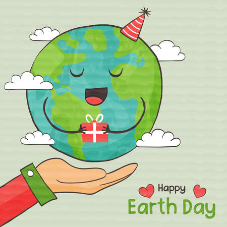 Happy Earth Day greeting card illustration of people holding green planet character with birthday gift. Environment care holiday design in funny cartoon style.のイラスト素材