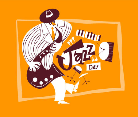 Jazz Day greeting card illustration of hand drawn cartoon man playing saxophone. Retro mid century band instruments and funny musician character for april 30 holiday event.のイラスト素材