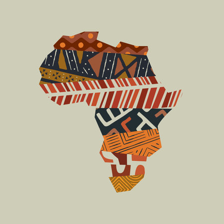 Africa continent map shape illustration concept made of traditional african culture decoration and colorful tribal art texture on isolated background.のイラスト素材