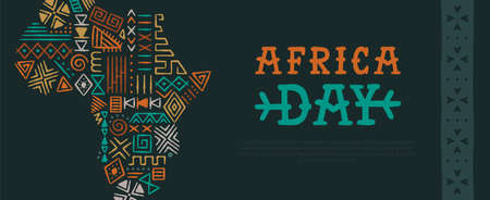 Africa Day web banner illustration, colorful african continent map shape made of traditional retro tribal art icons. 25 may event design for freedom celebration.のイラスト素材