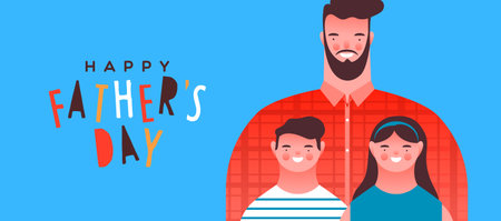 Happy Father's Day banner illustration of dad with little boy and girl children smiling. Family portrait for special fathers holiday event.のイラスト素材