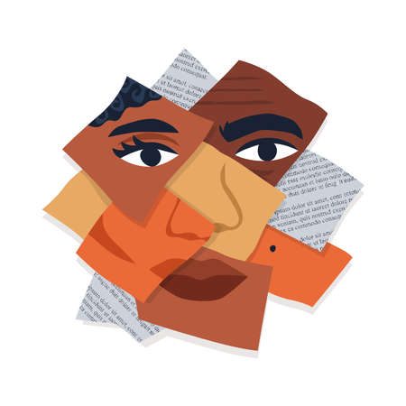Diverse people faces together in paper clippings cutout collage. Ethnic mix illustration on isolated white background for social identity or diversity concept.のイラスト素材