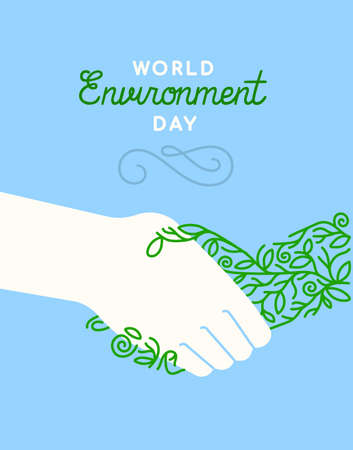 World Environment Day greeting card illustration of people hands doing hand shake gesture with green plant for nature help event on june 5.のイラスト素材