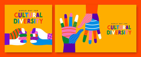 World Day for Cultural Diversity greeting card set of colorful diverse people hand. Social community help concept. Different culture holiday event on 21 may.のイラスト素材