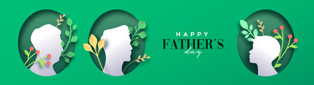 Happy Father's Day papercut greeting card illustration of  father and boy son. Grandpa, dad and kid...