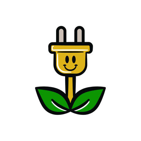 Eco friendly clean energy illustration concept of funny retro cartoon charater. Green technology wire plug with plant leaf on isolated background.のイラスト素材