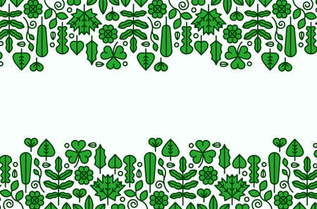 Empty white background frame with modern green plant leaf icons in trendy flat line style. Natural concept, eco friendly border template.のイラスト素材
