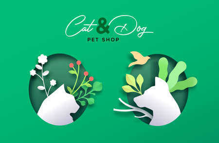Cat and Dog pet shop paper cut banner illustration of 3d papercut craft animals with green plant decoration. Eco friendly pets food or nature care vet clinic concept.のイラスト素材
