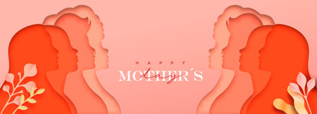 Mother's Day web banner illustration. 3D papercut diverse woman silhouette. Mom team together for family love holiday event.のイラスト素材