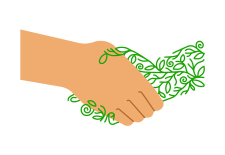 People hands doing handshake gesture together with nature plant leaf hand for earth care or eco friendly campaign. Isolated white background cartoon in modern flat style.のイラスト素材