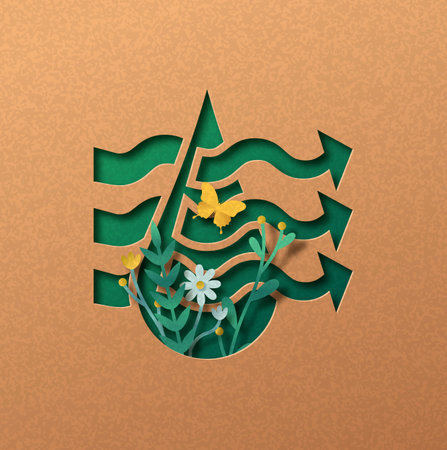 Water purification papercut illustration concept with green plant leaves growing inside liquid drop. 3D filter treatment cutout craft design in recycled paper background.のイラスト素材