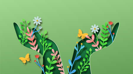 Green people hand papercut illustration with plant leaf and flower garden. Eco-friendly lifestyle, nature connection or environmental concept. 3d natural cutout background.のイラスト素材