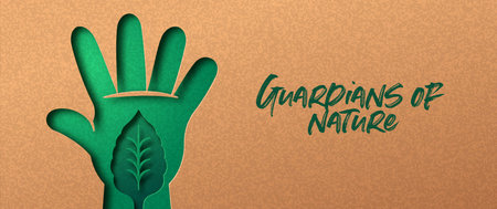 Guardian of nature, people hand papercut illustration with plant leaf. Eco-friendly lifestyle, natural connection or environmental concept. 3d cutout in recycled paper background.のイラスト素材