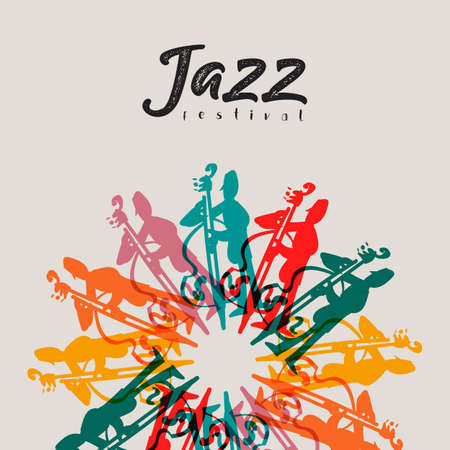 Jazz Festival poster illustration template. Colorful cello instrument player doodles for live concert event or musical party.のイラスト素材