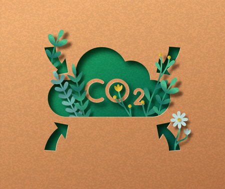 CO2 air pollution emission reduction papercut illustration concept. Green eco friendly carbon...